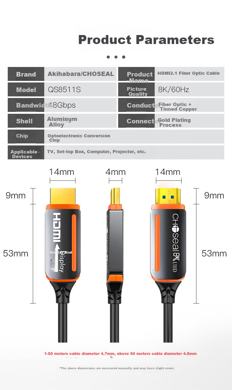 CHOOSEAL HDMI 2.1 Fiber Optic Cable, 8K60Hz High-Definition Audiophile Video Cable, for Connecting Computer, TV, Monitor, Projector, Theater Engineering Wiring, 5 Meters, QS8511S 1