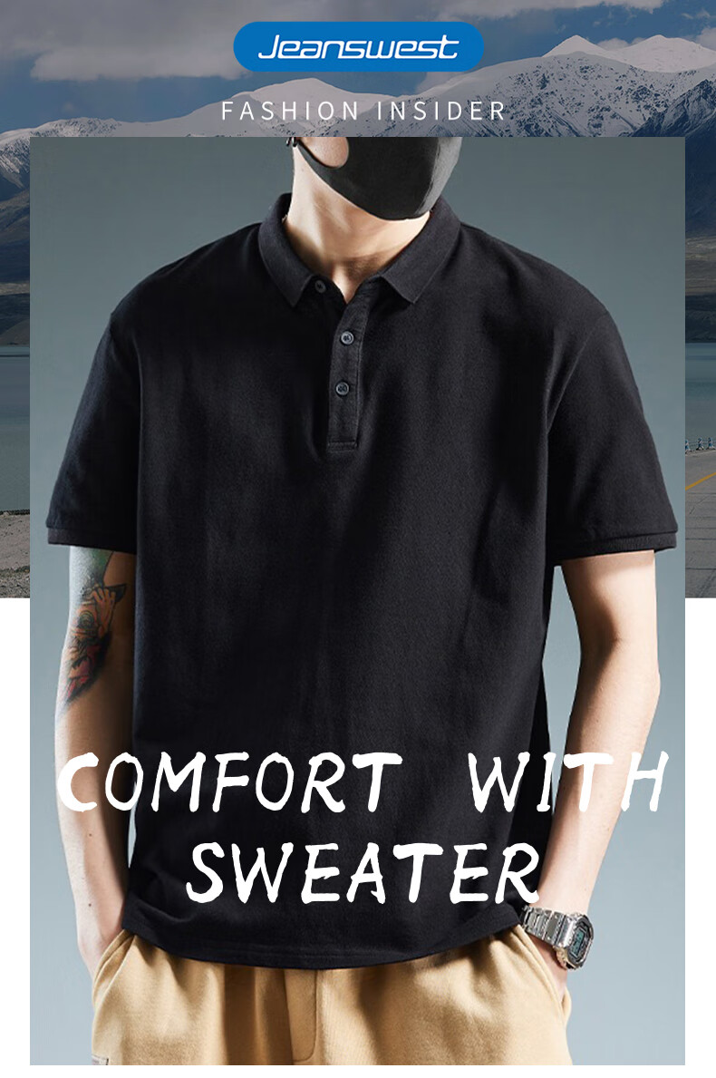 Jeanswest POLO Shirt for Men, Short Sleeve, Summer 2025, Pure Cotton, Trendy Casual Versatile Top, Black, 4XL 1