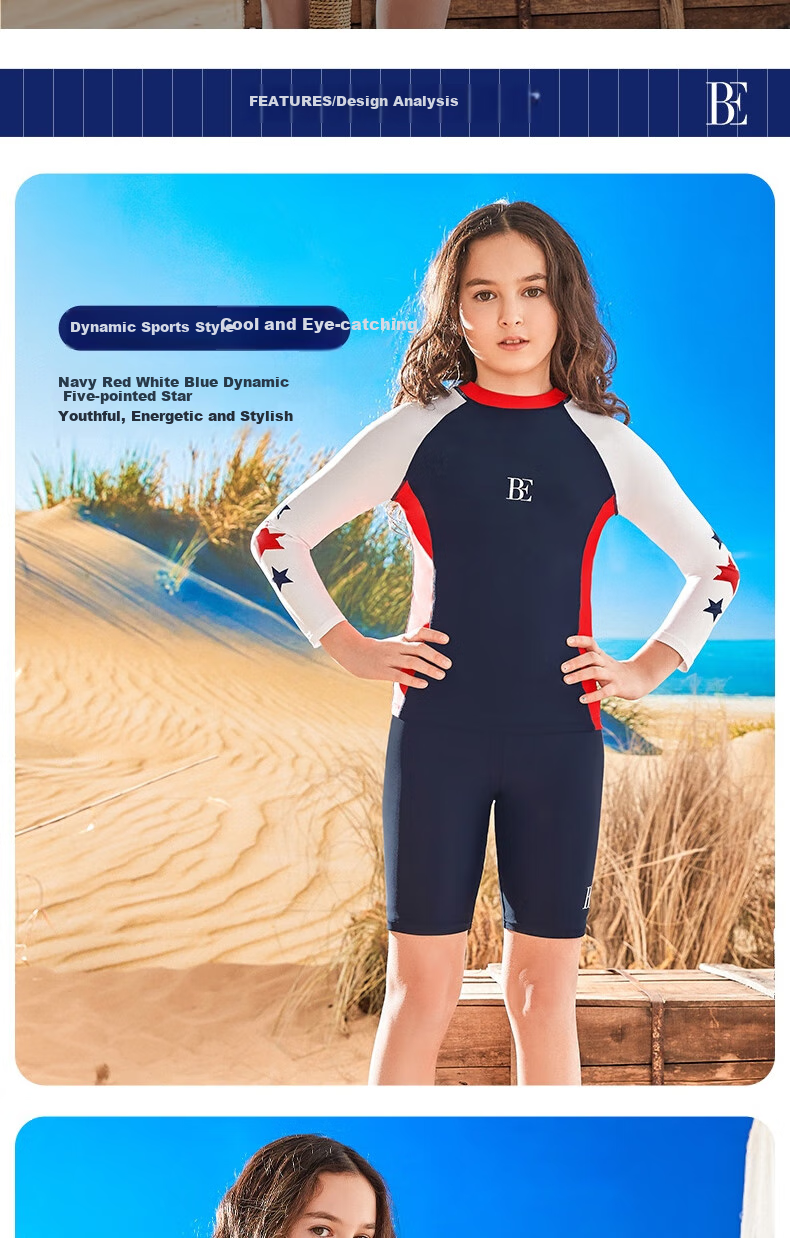 BALNEAIRE Children's Two-Piece Swimsuit, Long Sleeves And Mid-Length Shorts, Easy to Put on And Take Off, Sun Protection, Chlorine Resistant, Color Block Design, Suitable for Swimming Pools, Size 140 2