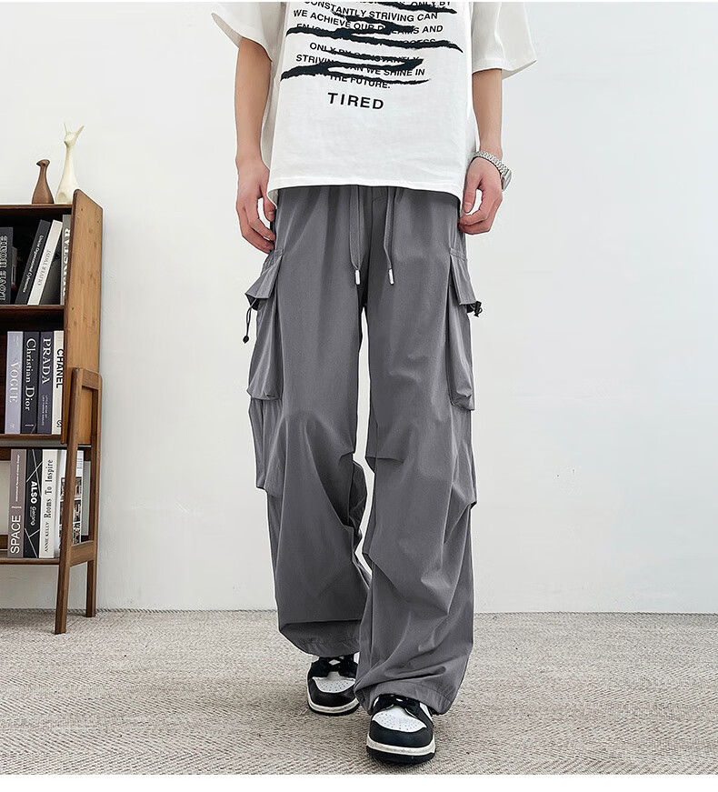 Homlean American-Style Wide-Leg Cargo Pants for Men, Summer Straight Loose Paratrooper Functional Tactical Casual Trousers KMX06 Black L 8