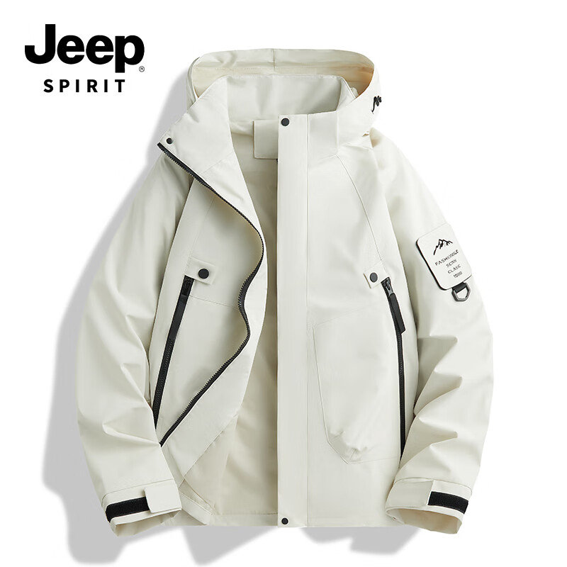 JEEP SPIRIT Men's Autumn Winter Outdoor Mountaineering Windproof Jacket 23218 Ivory White XL