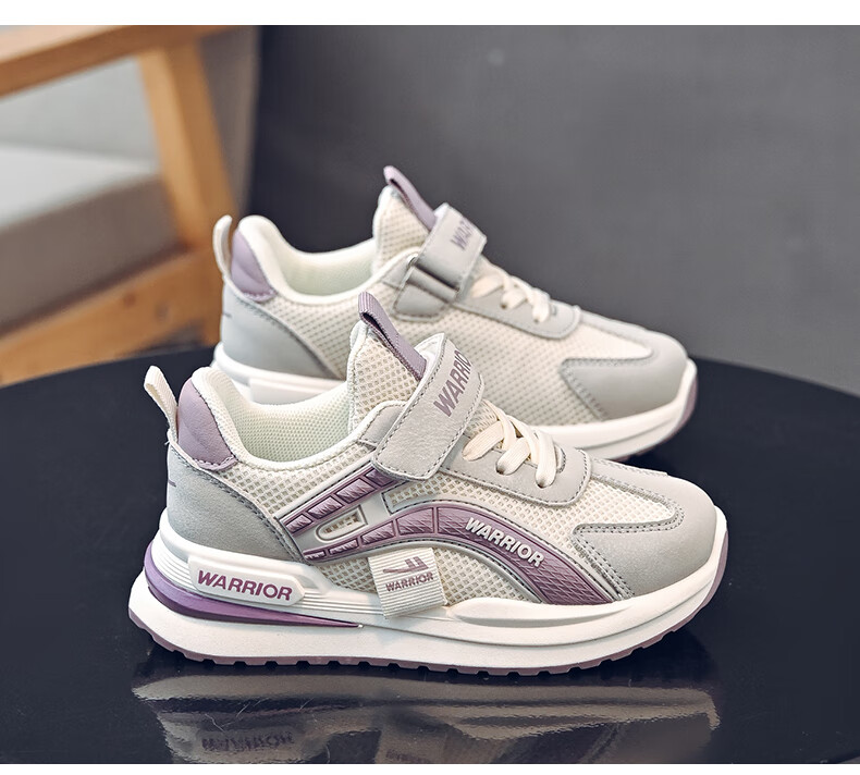 Warrior Girls' Spring and Autumn Sports Shoes Casual Breathable Running Shoes WZ(CL)-1027 Beige/Grey/Purple Size 29 10