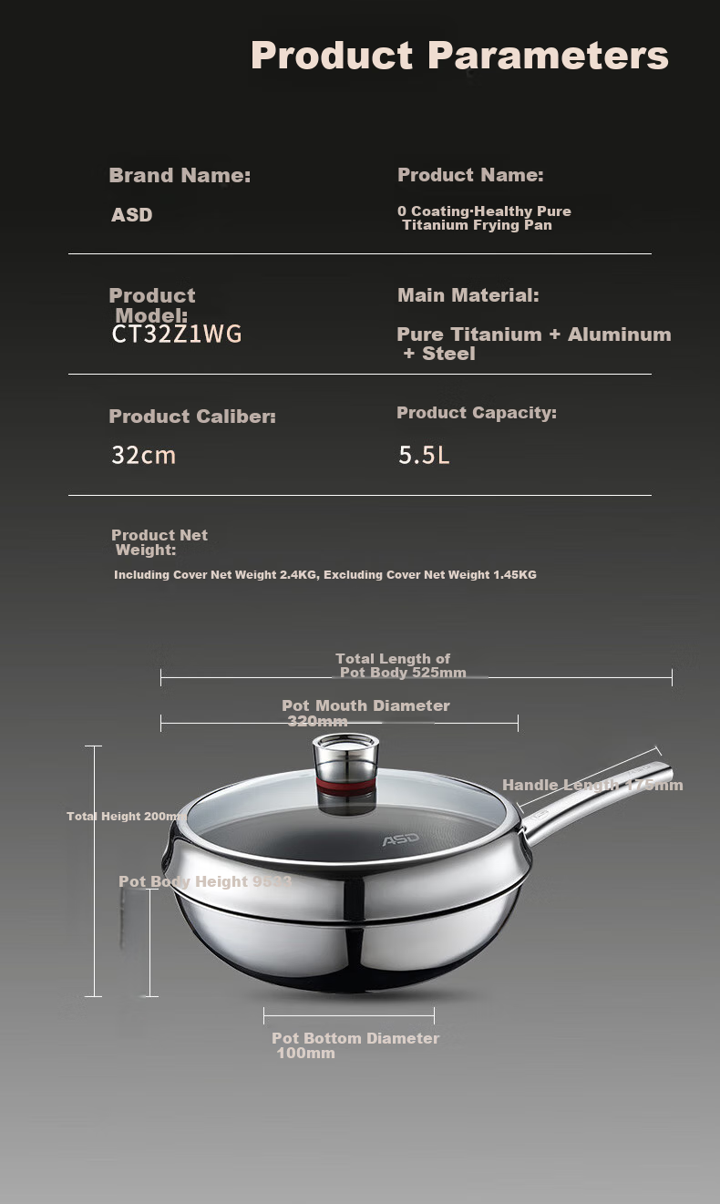 ASD Non-Stick Wok with Pure Titanium Coating, Stainless Steel Home Use Titanium Pan, Non-Stick Compatible with Gas And Induction Cooktops, 32cm Z1 19