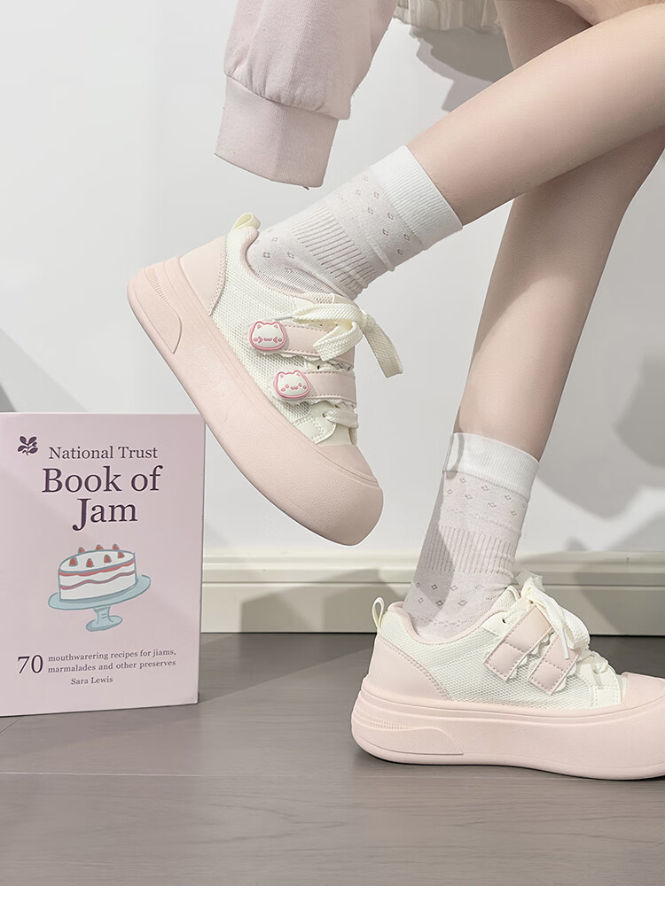 RENBEN Cute Velcro White Sneakers for Women, Popular Chunky Shoes, Versatile Canvas Shoes, White (Leather Surface), Size 40 26