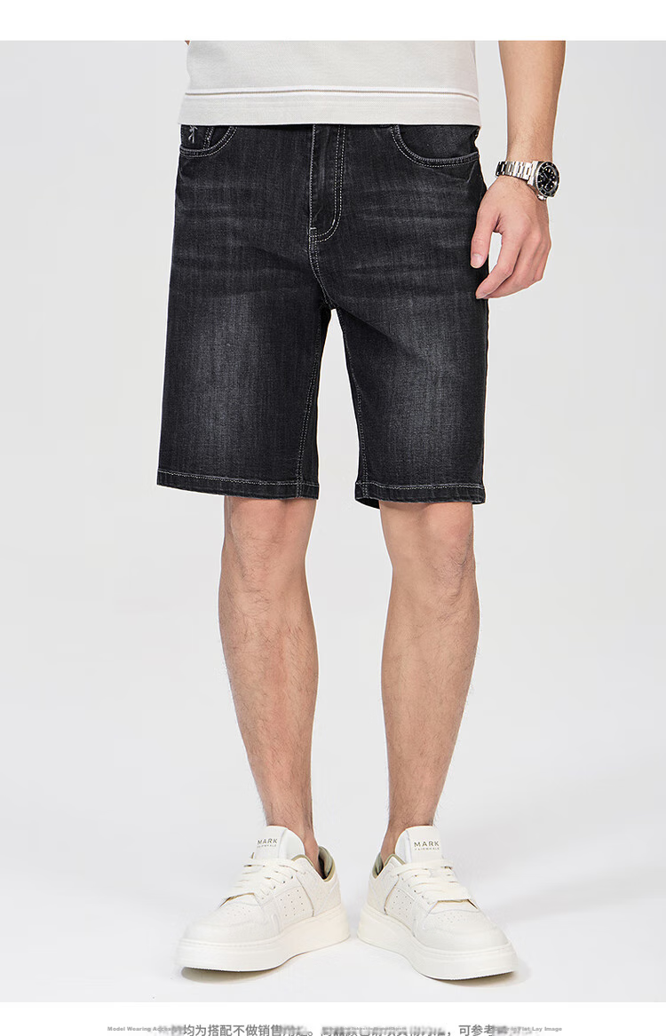 DANCING WOLVES [Mulberry Silk] Summer Vintage Washed Stretch Breathable Men's Denim Shorts, 014 Black Blue, Size 32 8