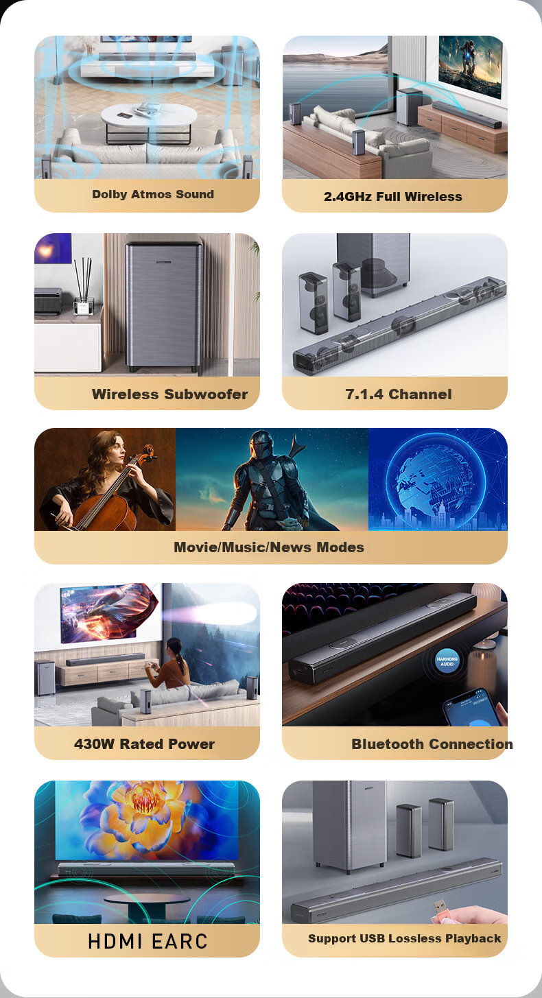 HANHONG_AUDIO 102AT7 TV Soundbar, Home Theater, Dolby Atmos 7.1.4, Sky Channel, Bluetooth Speaker, Rear Surround, High-Power Subwoofer, Home Indoor Audio System 2