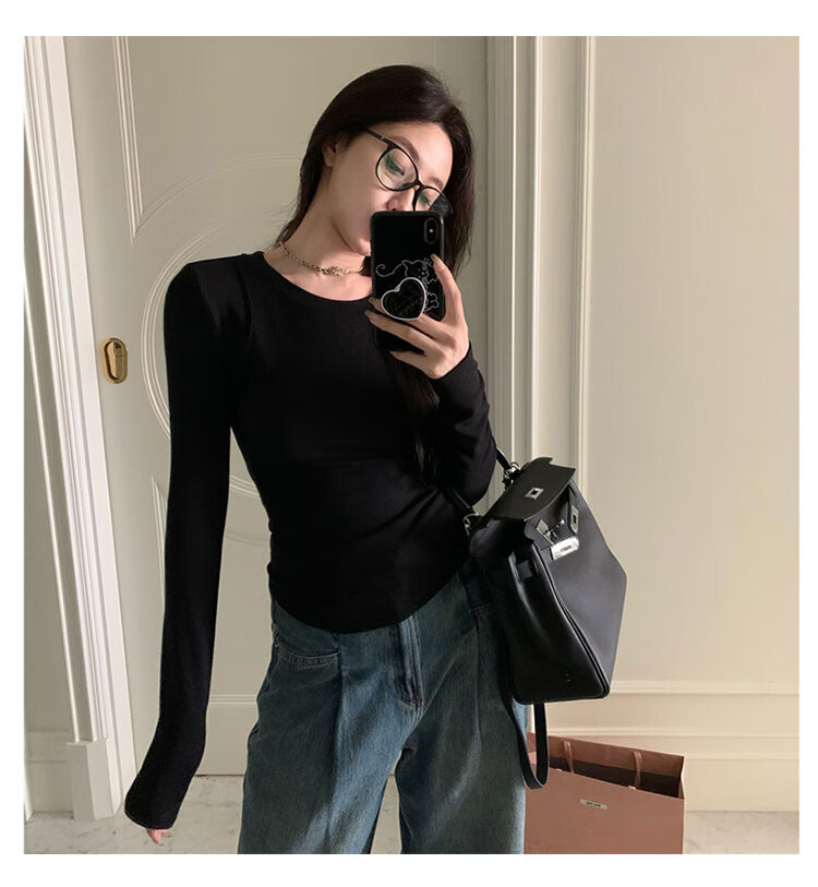 Woodpecker Women's Long Sleeve T-Shirt Autumn 2025 New Round Neck Shoulder Fit Ribbed Base Shirt White S 6