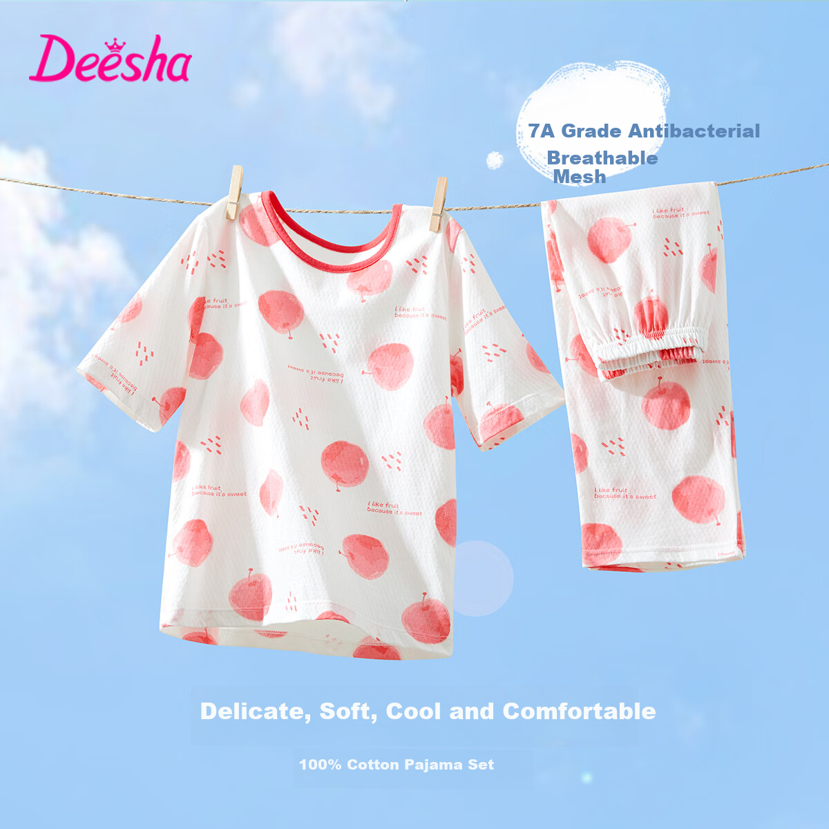 DEESHA [7A Antibacterial Cotton Mesh Jacquard] Girls' Lightweight Breathable Five-Quarter Sleeve Eight-Eight Shorts Pajama Set Air Conditioning Wear