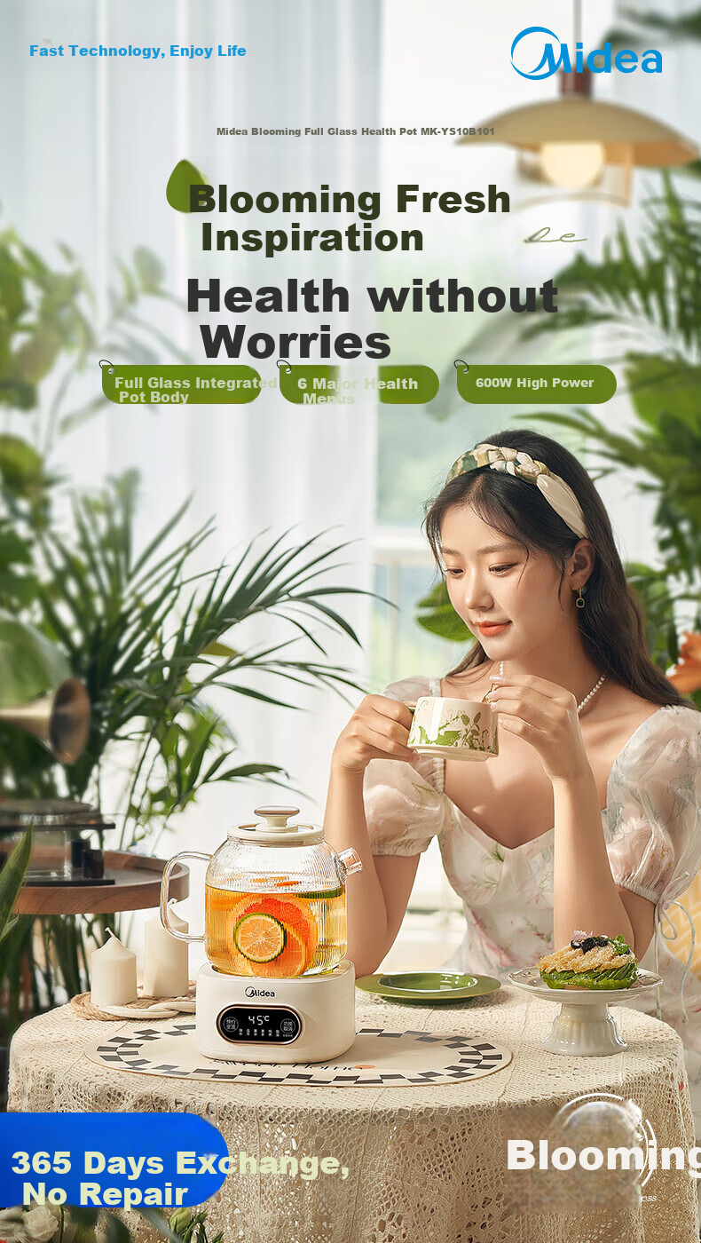 Midea Huayang Zero Glue Fully Glass Automatic Health Pot, Office Multifunctional Tea Kettle, Electric Water Boiler, Tea Maker, 1L, YS10B101 3