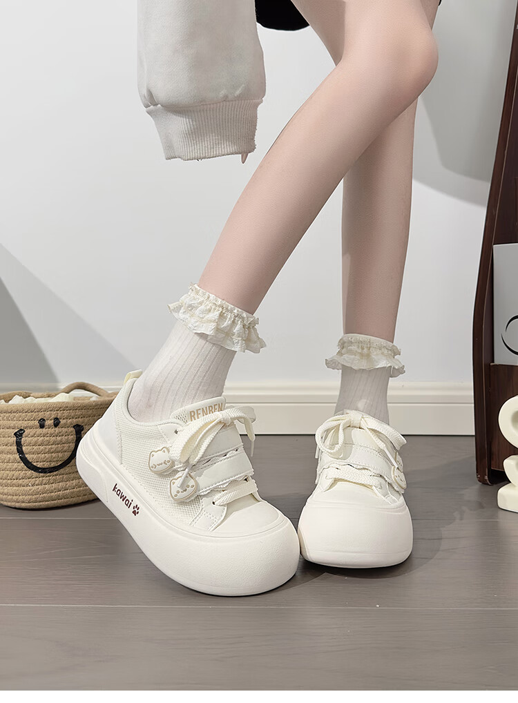RENBEN Cute Velcro White Sneakers for Women, Popular Chunky Shoes, Versatile Canvas Shoes, White (Leather Surface), Size 40 7