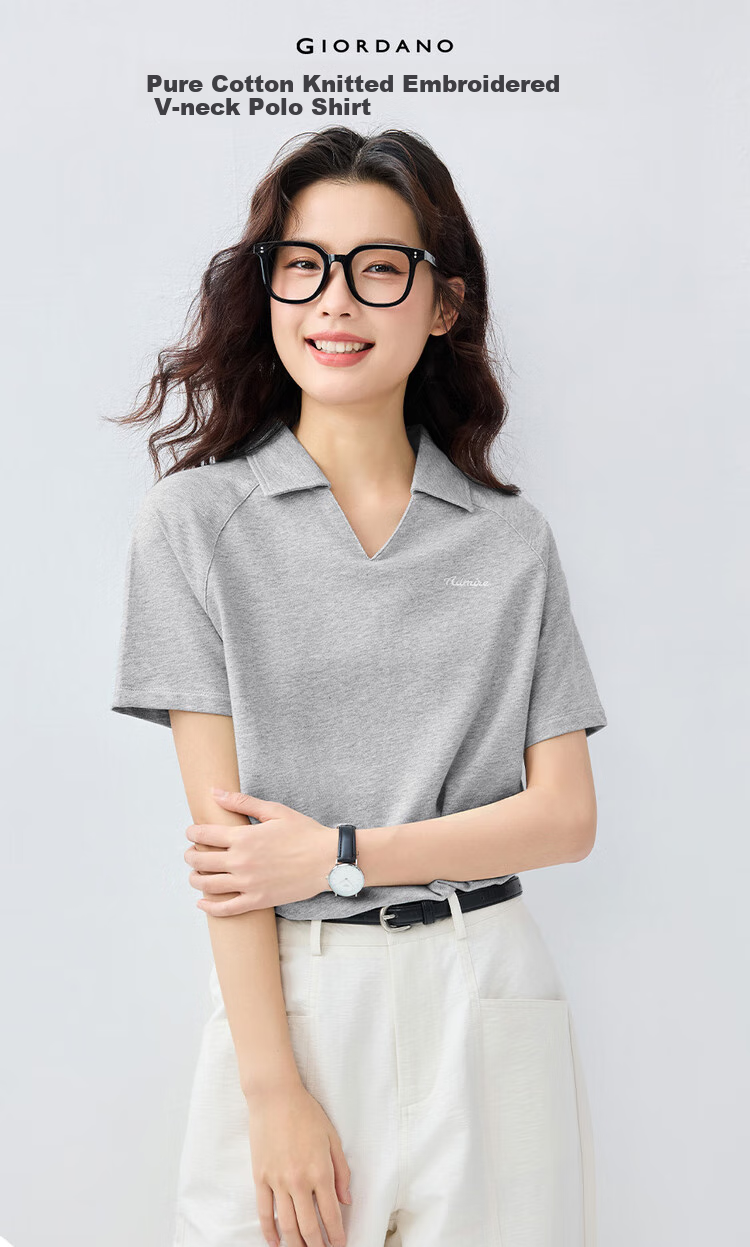 Giordano Women's Short-Sleeve Polo Shirt, Summer Pure Cotton, Letter Embroidery, V-Neck Drop Shoulder Collar Top, 13315205 3