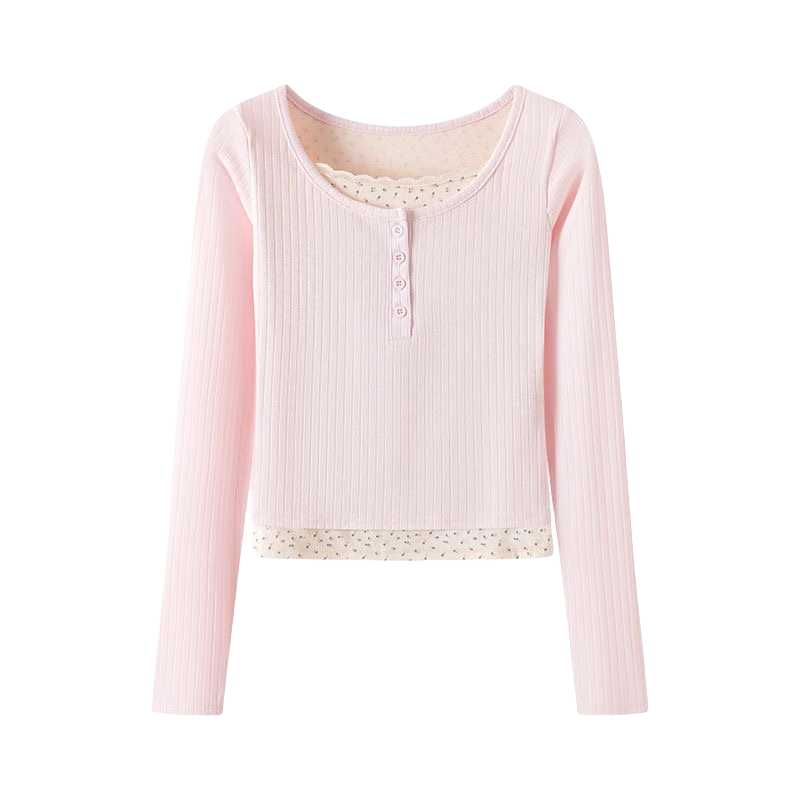 LangSha Floral Print Faux Two-Piece Long Sleeve Slim Fit Lace Top for Women 2025 Autumn New Arrival