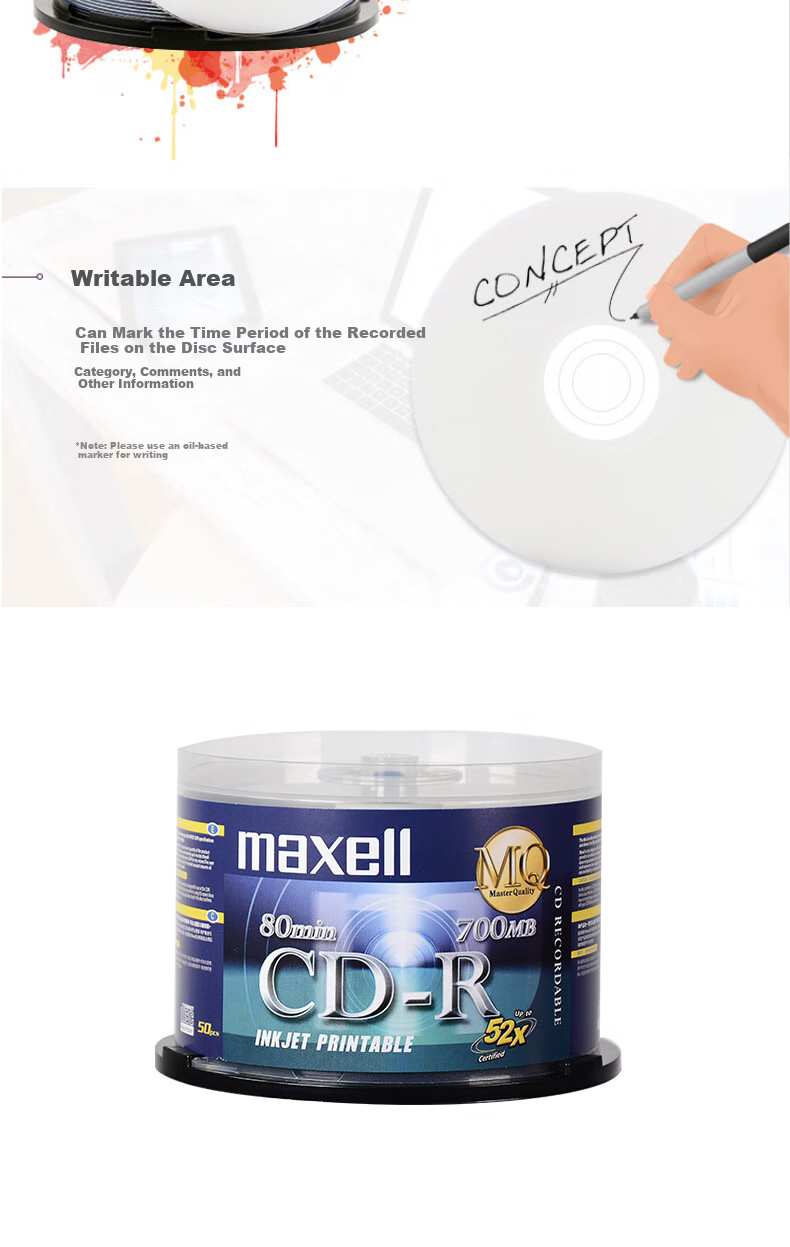 Maxell CD-R Discs, Taiwanese-Made Printable Optical Discs, Recordable Discs, Blank Discs, 52x Speed, 700MB Capacity, 50 Pieces in A Barrel 1