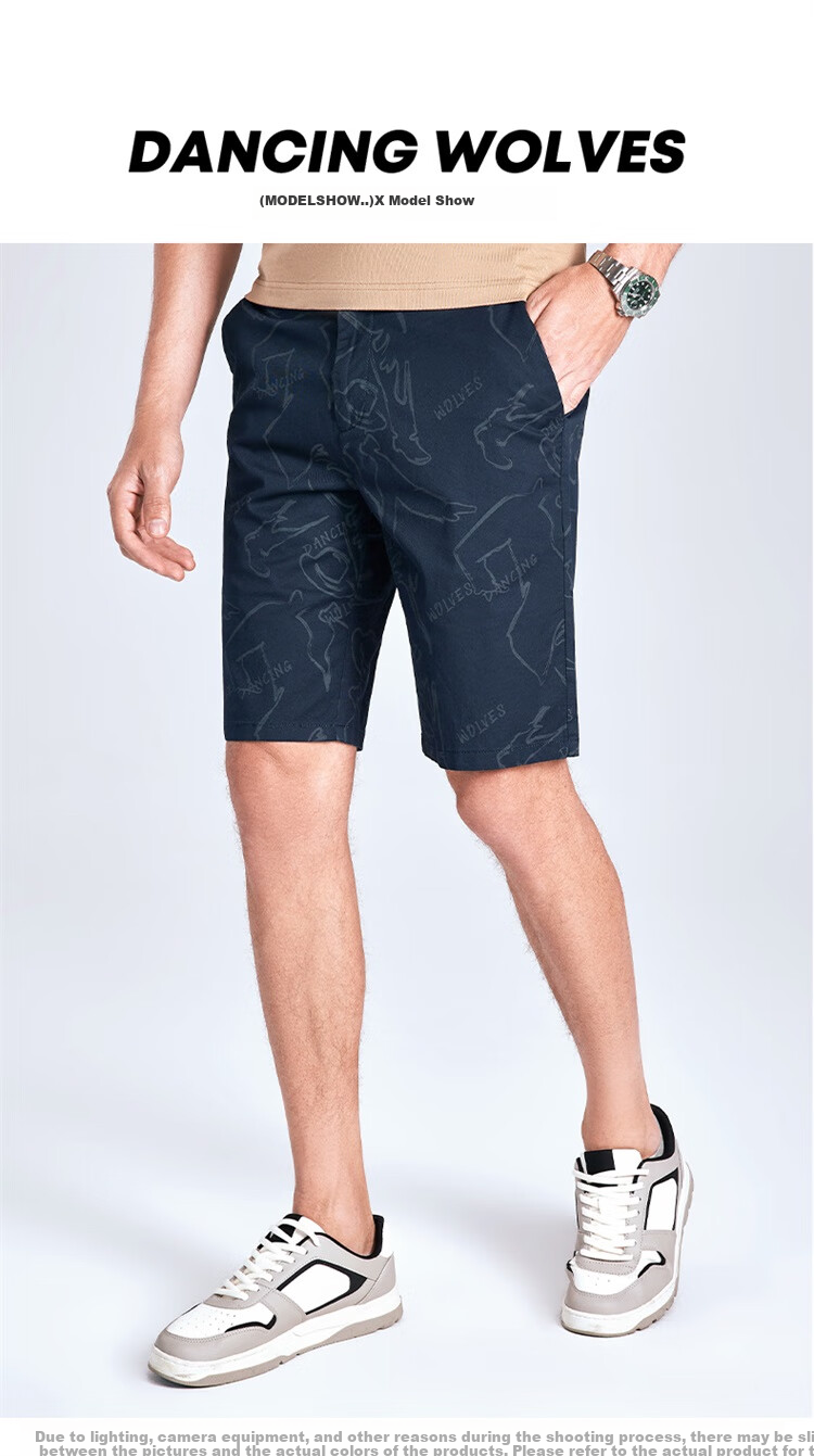 DANCING WOLVES [Cotton Spandex & All-Over Adult Label] Summer Breathable Skin-Friendly Flat Waist Casual Shorts, 102 Dark Blue, Size 31 6