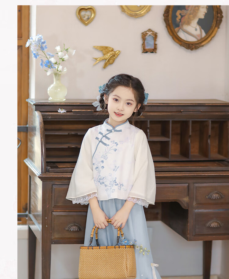 Qibo Hanfu Girls' Spring And Autumn 2026 Mid-Autumn Festival New Style Chinese-Style Tang Suit Children's Outfit Set, Floral Rain Pink, Size 140 14