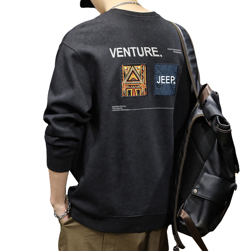 JEEP Men's Sweatshirt, Loose-Fitting Round Neck Long-Sleeve T-Shirt for Spring And Autumn, Heavyweight Casual Base Layer, Black XL