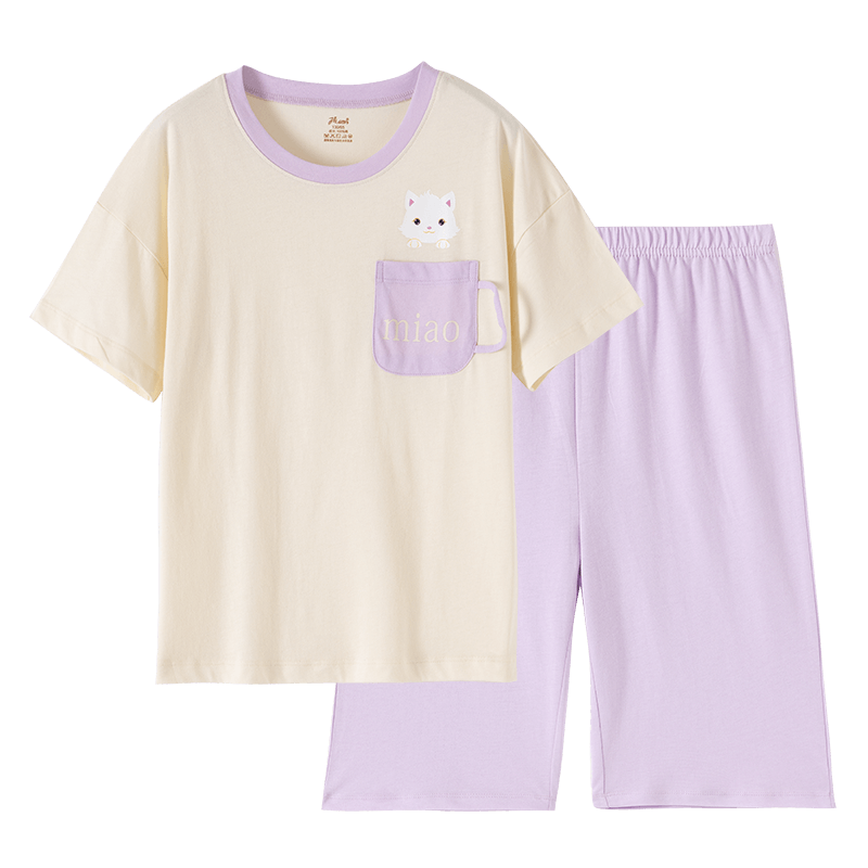 Dingguagua Children's Pajamas, Pure Cotton Summer Girls' Home Wear Set, All-Cotton Breathable Thin Style for Older Girls, Off-White, Size 170