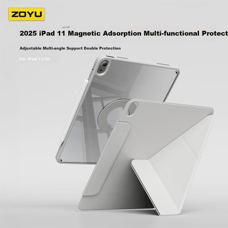 Zoyu Compatible with 2025 A16 Chip, IPad11 Protective Case, Y-Fold Double-Sided Magnetic Rotating Detachable, 11-Inch Apple Tablet Cover, Smog Gray