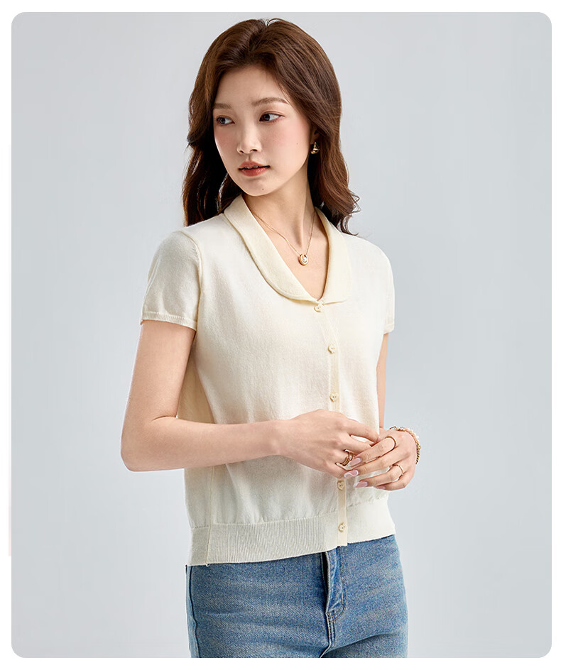 Jeanswest Women's Summer Knit Short Sleeve Single-Breasted Slim Cardigan Jacket Apricot One Size 4