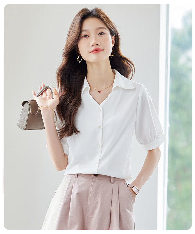Jeanswest Women's Summer Professional Fashion Elegant Short Sleeve Formal Polo Collar Button Cardigan Top White M 10