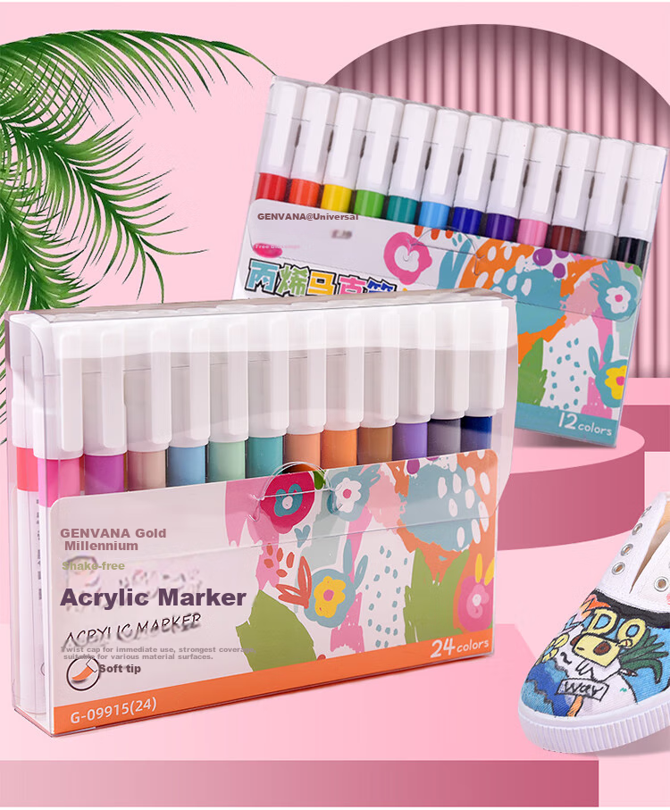 Genvana [Soft Tip Markers] Water-Based Acrylic Markers Washable Kindergarten Art Supplies Drawing Children's Doodle Pens DIY Guka Pens 24-Color Set G-09915(24) 7
