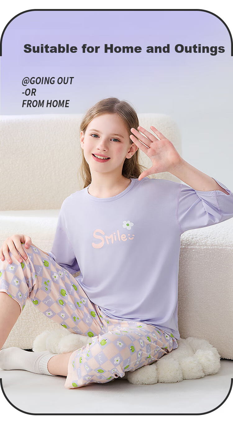 LangSha Children's Pajamas for Girls, Summer Thin Lycra Cotton Three-Quarter Sleeve Sleepwear Set for Middle And High School Students, Teenage Home Wear 13