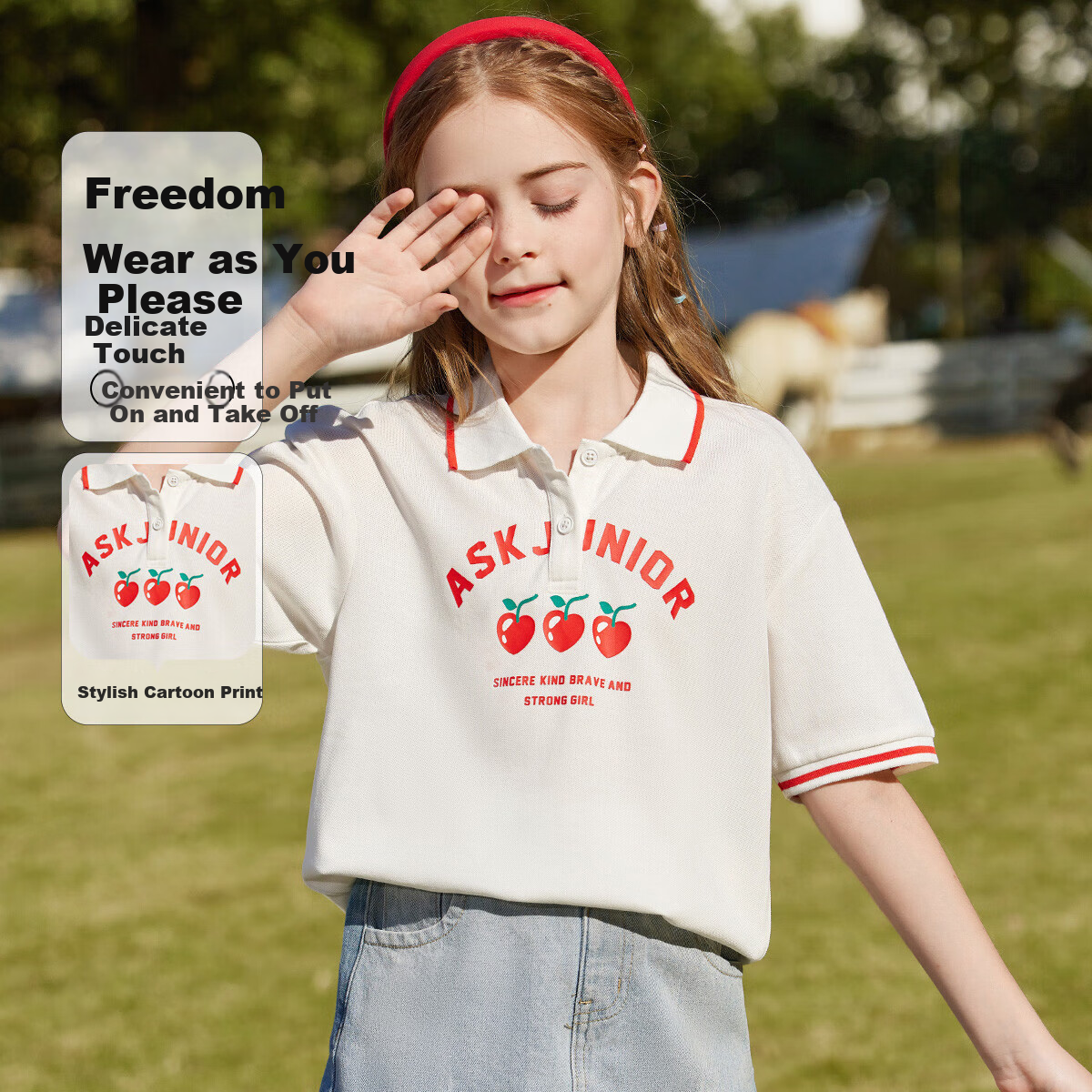 ASK JUNIOR Children's Clothing, Girls' T-Shirt, for Older Kids, Short-Sleeved Summer Wear, Sports Casual Breathable Polo Shirt, White, Size 120