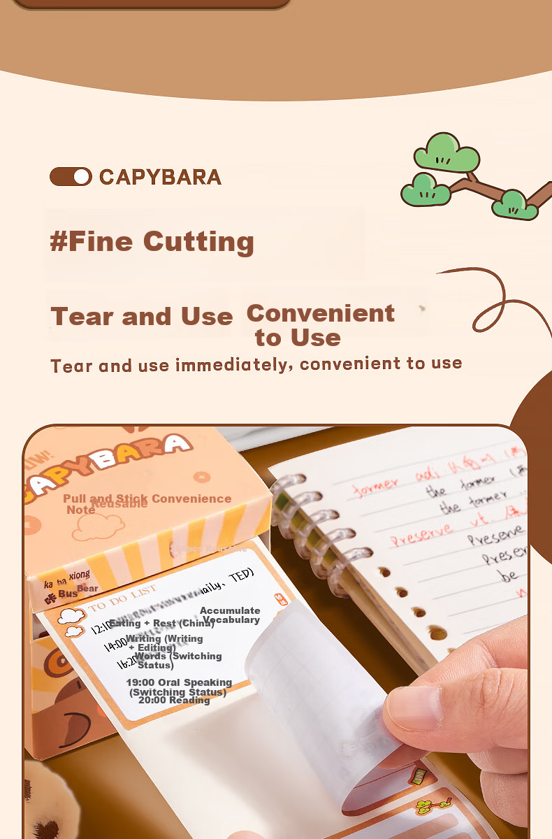 Kabaxiong Pull-Out Sticky Notes 256 Pieces, High-Quality Cartoon Cute Student Memo Pads, Strong Adhesive Medium-Sized Sticky Notes, Kapibara 7