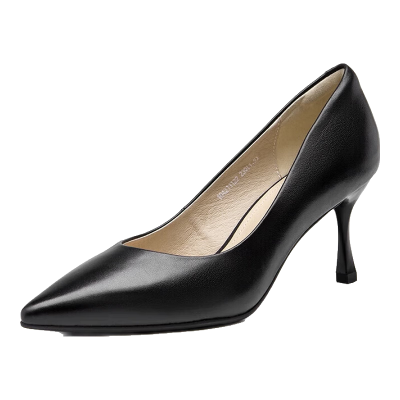 Aokang Official Women's Shoes, Cowhide High Heels, Thin Heel Black Professional Work Shoes, OL Pointed Toe Shallow Mouth Pumps, Black Size 39