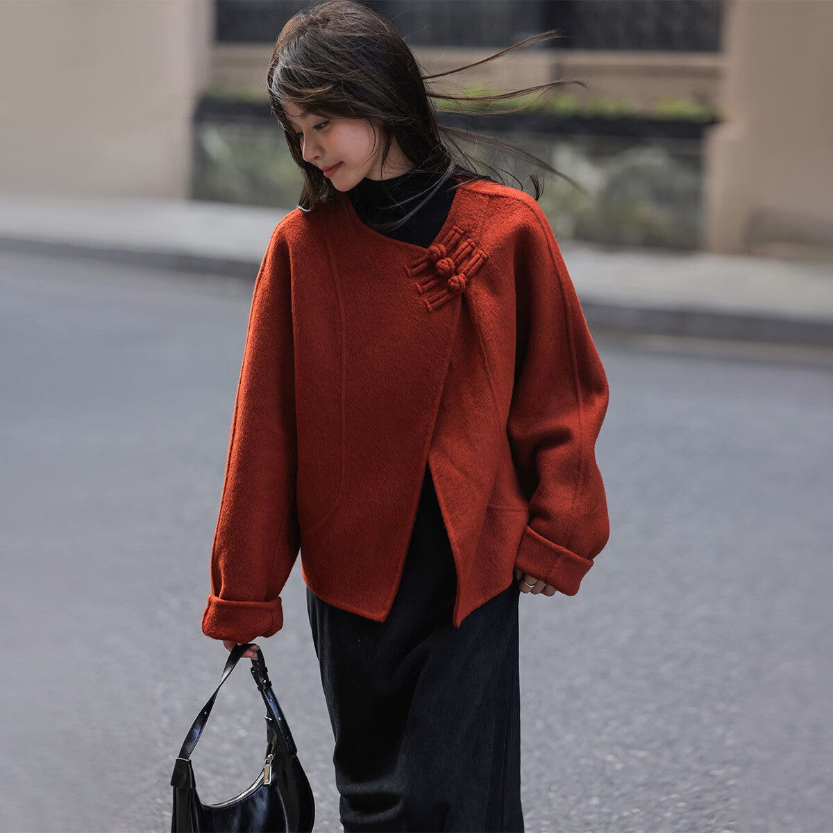 MT [Hong Zhaoyuan] Autumn Winter National Style New Chinese Wool Sheep Wool Frog Button Short Coat Petite Women's Woolen Overcoat