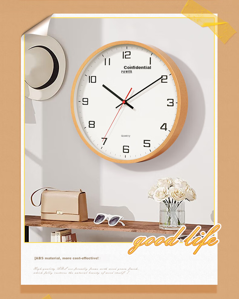 POWER Bawang Simple Living Room Wooden Style Wall Clock, Creative Timepiece for Home, Modern Quartz Clock, 35cm 18