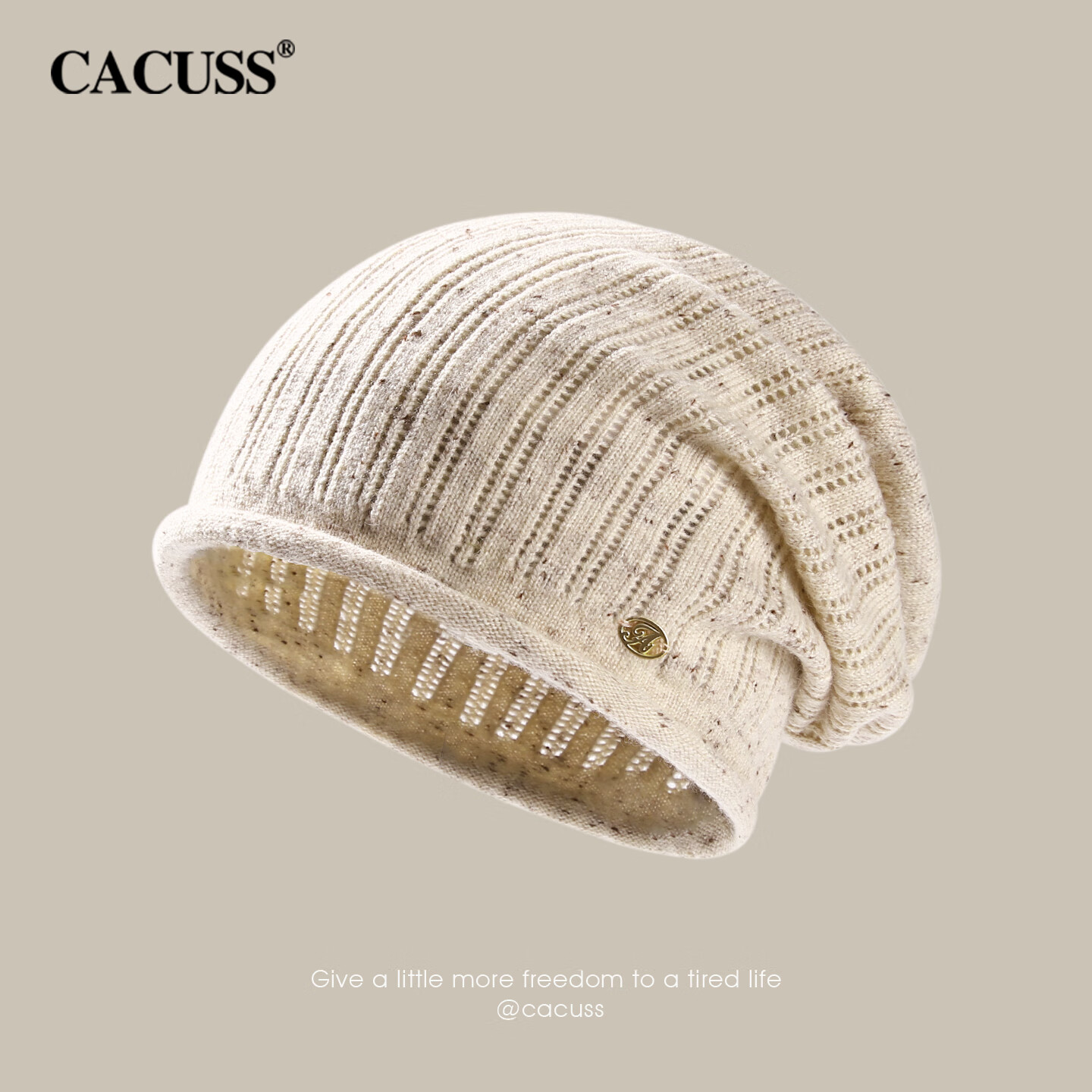 CACUSS Women's Wool Hat, Lightweight Spring And Autumn Knitted Cap, Fashionable Slouchy Hat, Face-Slimming Knitted Beanie for Women, Beige