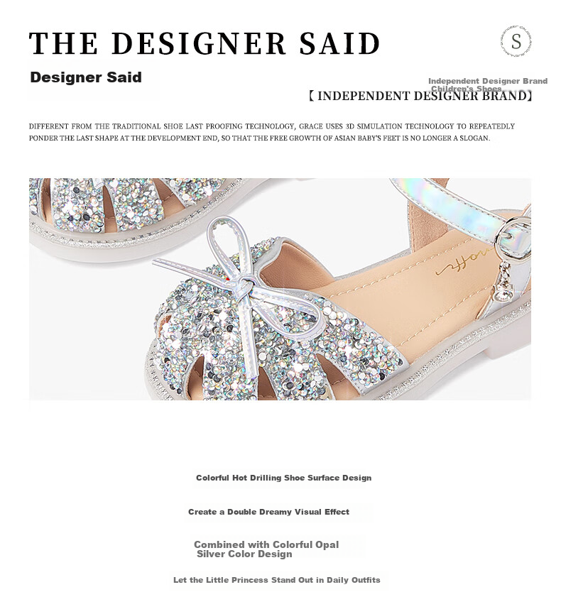 Snoffy Children's Sandals, Girls' Princess Shoes, Summer Fashion, Comfortable And Shiny Crystal Shoes for Little Girls, Colorful European Style, Silver, Size 27 2