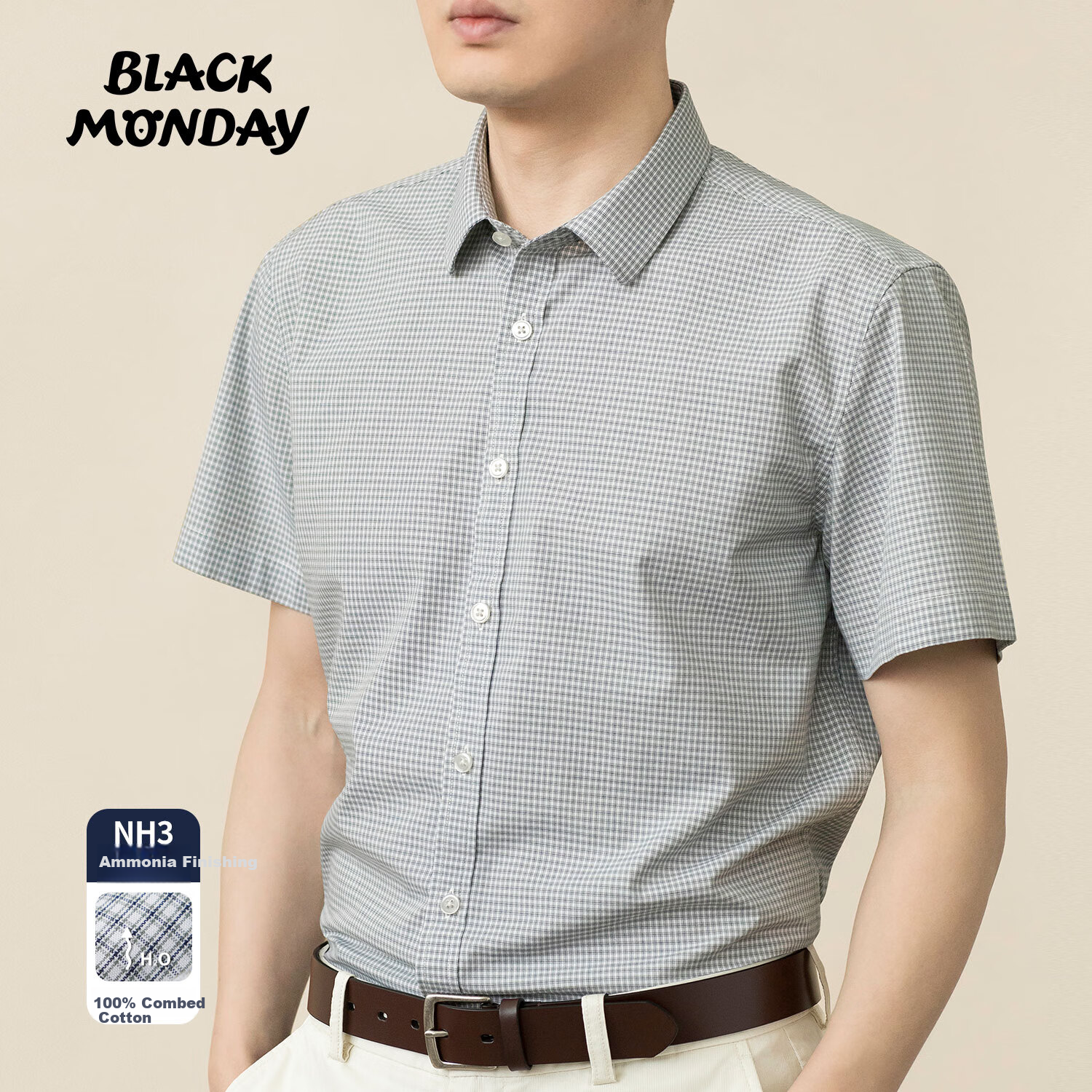 BLACKMONDAY Pure Cotton Plaid Shirt for Men, Short-Sleeved Thin Style, All-Cotton Liquid Ammonia Wrinkle-Resistant No-Iron Formal Business Casual Shirt