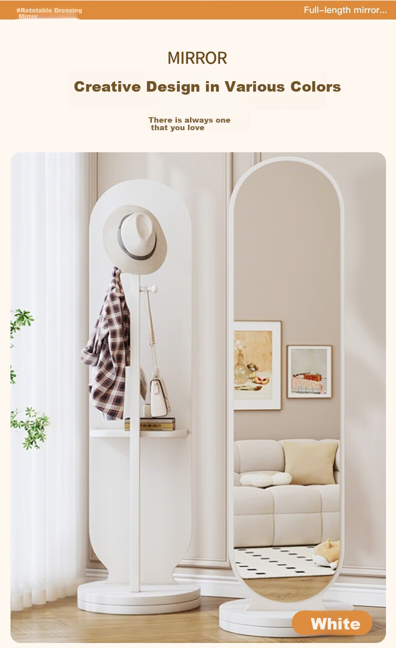 Quanpinwu Rotating Full-Length Floor Mirror, Home Bedroom Coat Rack Mirror Combo, Dressing Mirror Stand, White, 30cm 11