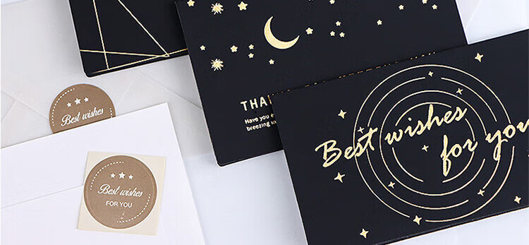 E-Muguo Greeting Cards Set of 4 with Envelopes, Letter Paper, Gift Birthday Cards, Confession Gifts, Ins Style Business Blessing Cards, Wish Cards, Thanksgiving Cards, Black with Gold Foil 17