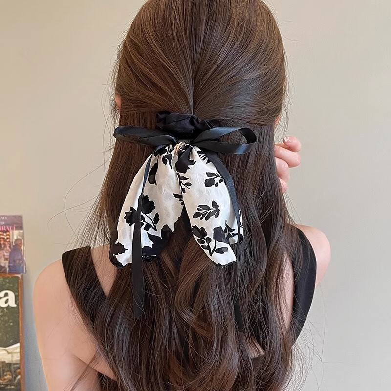 Xiangwan, Floral Butterfly Hair Tie, Vintage Ink Wash Dress Hem Hairband Ponytail Hairband, Hair Accessory, Headpiece, Mid-Autumn Festival Gift