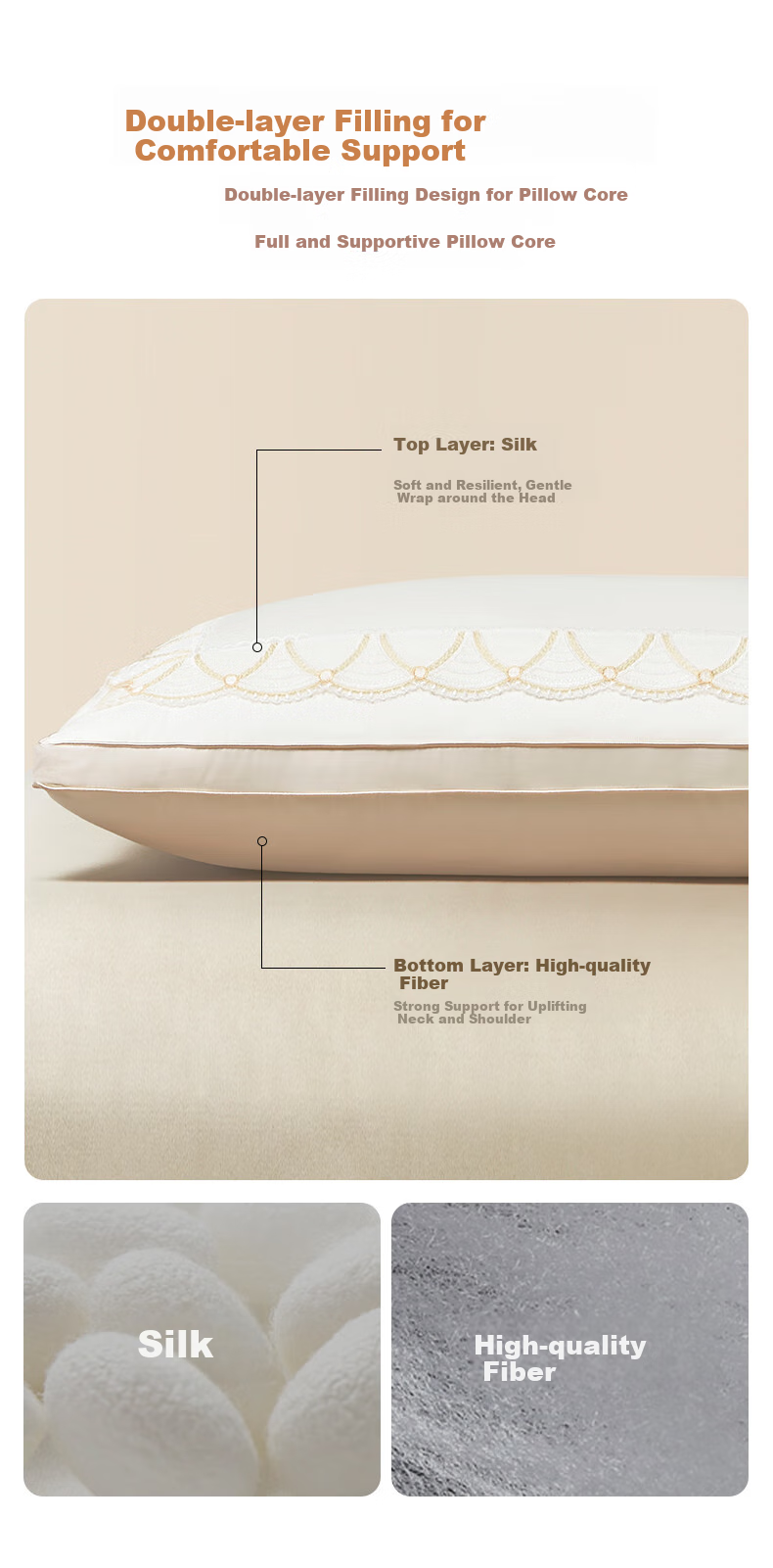 LUOLAI Home Textiles Silk Pillow, 80-Count Pure Cotton Silk Skin-Friendly Pillow Core, Single Pack, Approximately 45*71cm 5