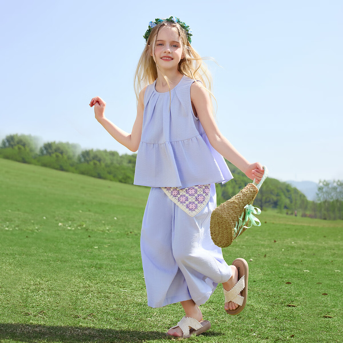 ASK JUNIOR Girls' Summer Set Youth Sleeveless Tank Top and Straight Wide-Leg Pants Two-Piece Green 170