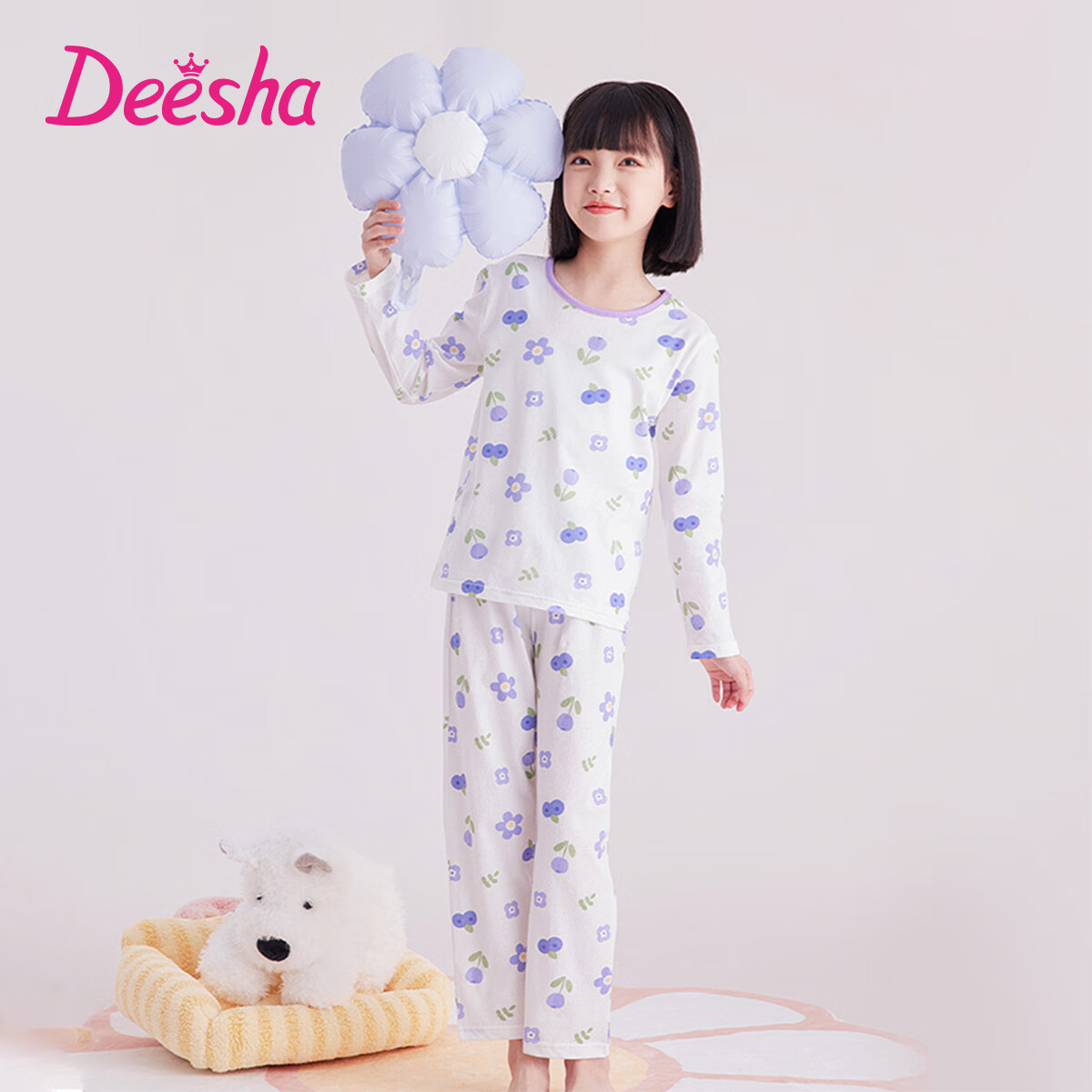 DEESHA Girls' Antibacterial Pure Cotton All-Season Base Layer Pajamas, Mesh Breathable Air Conditioning Wear, Home Wear Set for Older Childre