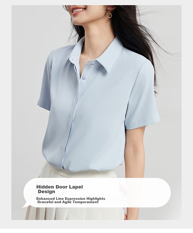 Bodexiaojie Blue Chiffon Short-Sleeve Blouse for Petite Women, Professional Work Top, Interview Formal Wear Shirt, Size L 4