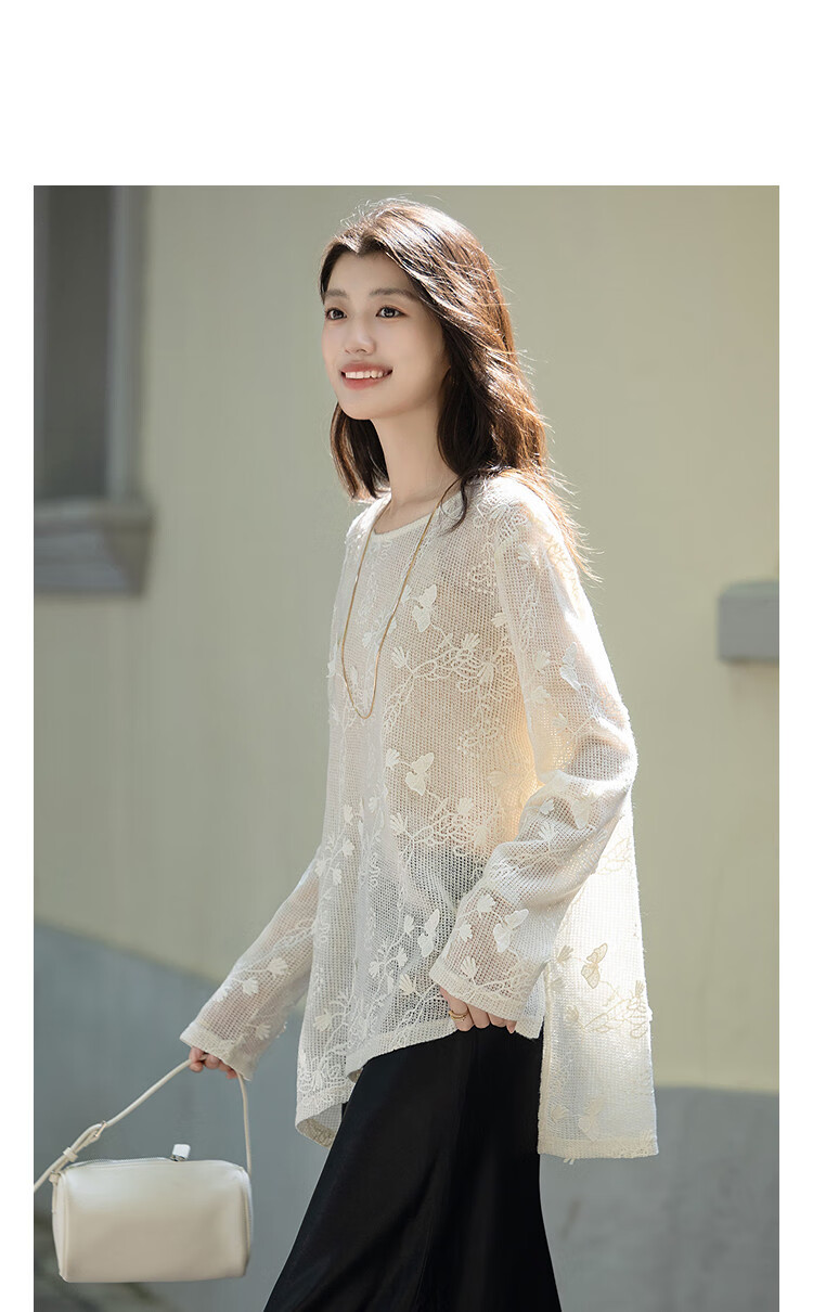 Dme [Interwoven Gentle] Autumn 3D Butterfly Blouse, Round Neck, Side Slit, Asymmetric Shirt, Women's Top 1