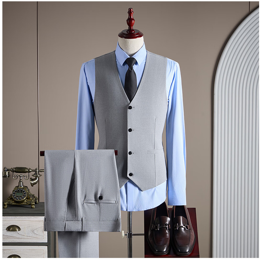 ROMON Men's Business Suit Set Blazer + Vest + Trousers Double-Breasted Casual Navy Blue 3XL 19