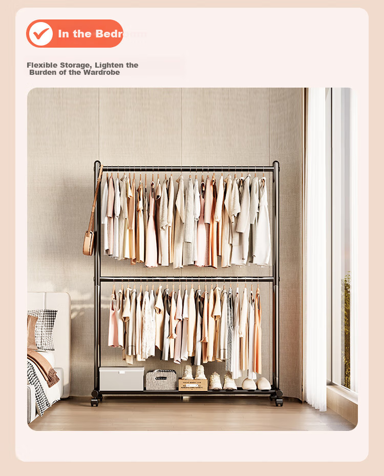 Yicainianhua Clothes Drying Rack, Floor-Standing Simple Coat And Hat Stand, Bedroom Hanger, Multifunctional Double-Layer Garment Hanger, Mobile Drying Rack, 2525 22
