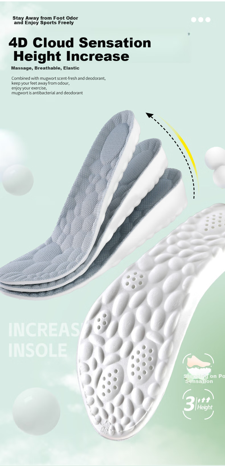 FOOTOPPO Popcorn Height-Increasing Insoles for Men, Sports Anti-Odor Antibacterial Men's Leather Shoes, Long-Standing Shock-Absorbing Soft Elastic Invisible Hidden Height-Increasing Insoles 2