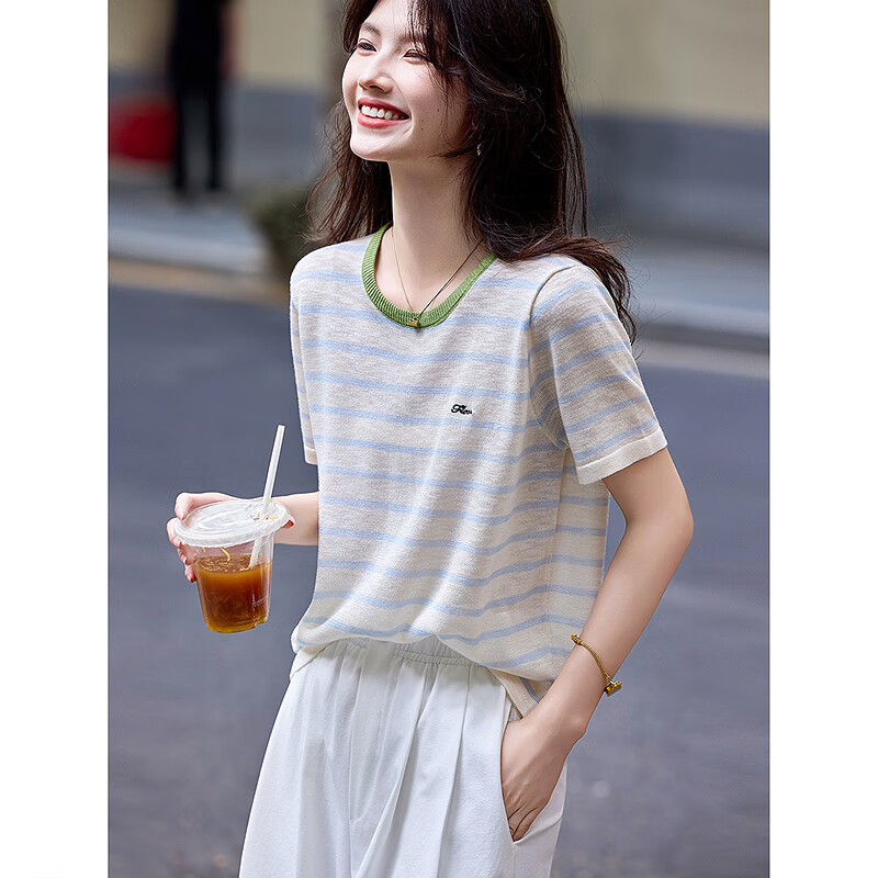 Awakening Paradise 26 Summer Korean Slim Fit Slimming Round Neck T-Shirt Top Short Sleeve Knitwear Blue Striped One Size
