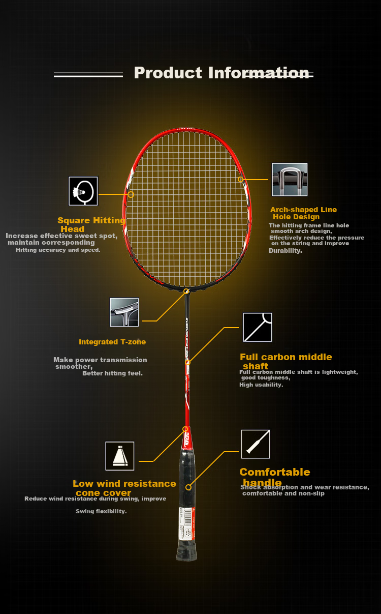 EVERVON Badminton Racket, Single Racket, Full Carbon Fiber, 3U Ultra-Light, Durable, for Adults And Children, Students, EYQT-990, China Red 2