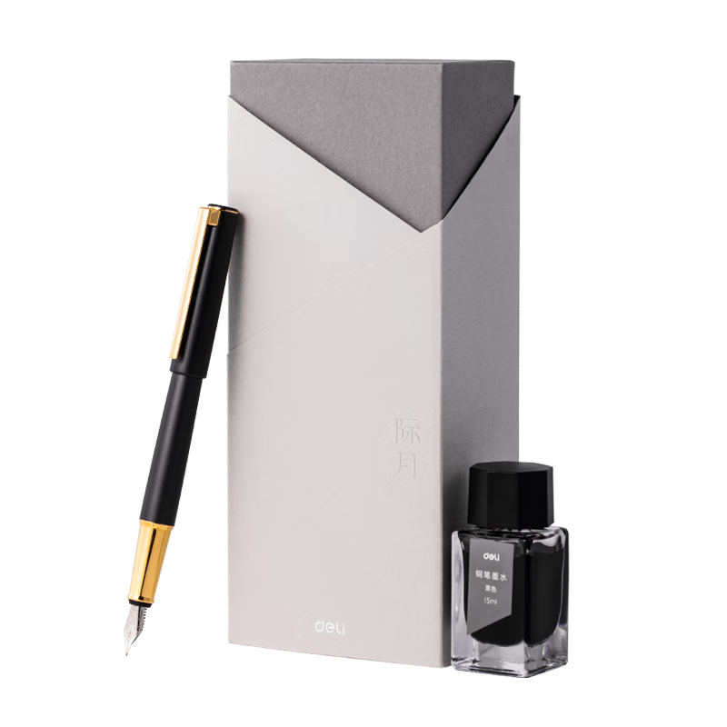 Deli Jiyue Office Fountain Pen, Swan Tail Black F Nib, High-End Office Business Pen, Signature Pen Set, Calligraphy Practice, Teacher's Day/school Graduation Gift, A5 F Nib with Gold Clip, College Entrance Exam
