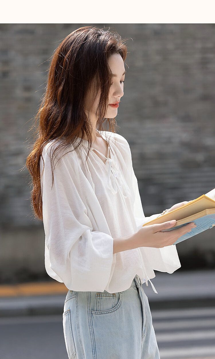 Demana [Simple Life] Spring and Autumn Lightweight Oxygen Linen Lyocell Blend Elegant V-Neck Ribbon Pocket Sleeve Women's Shirt 17
