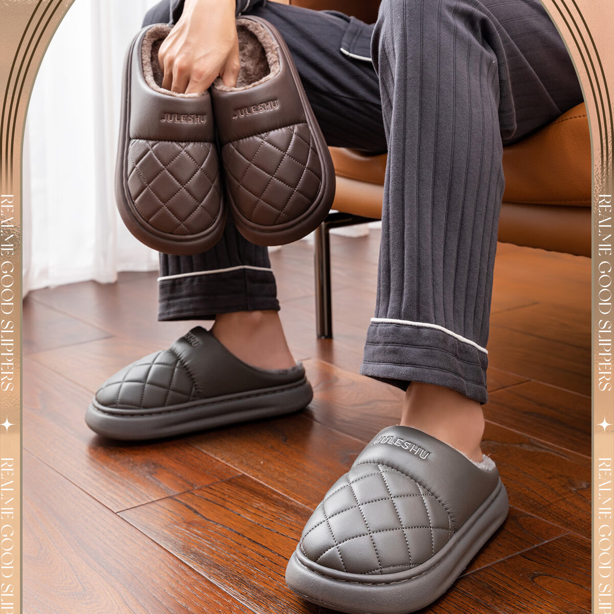 TZLDN Waterproof Cotton Slippers Men's Thick Sole Home Elderly Autumn Winter Fleece Lined Thickened Couple Cotton Shoes PU Leather Men Shoes 1